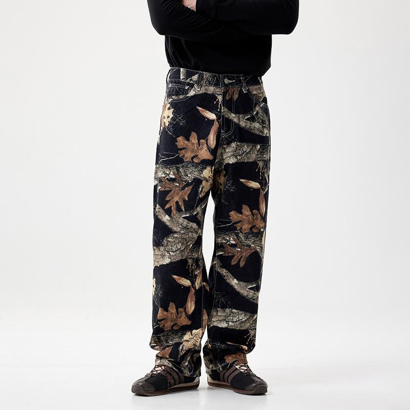 Bajia popular loose straight wide-leg denim print graffiti black branches fallen leaves fashion street jeans men