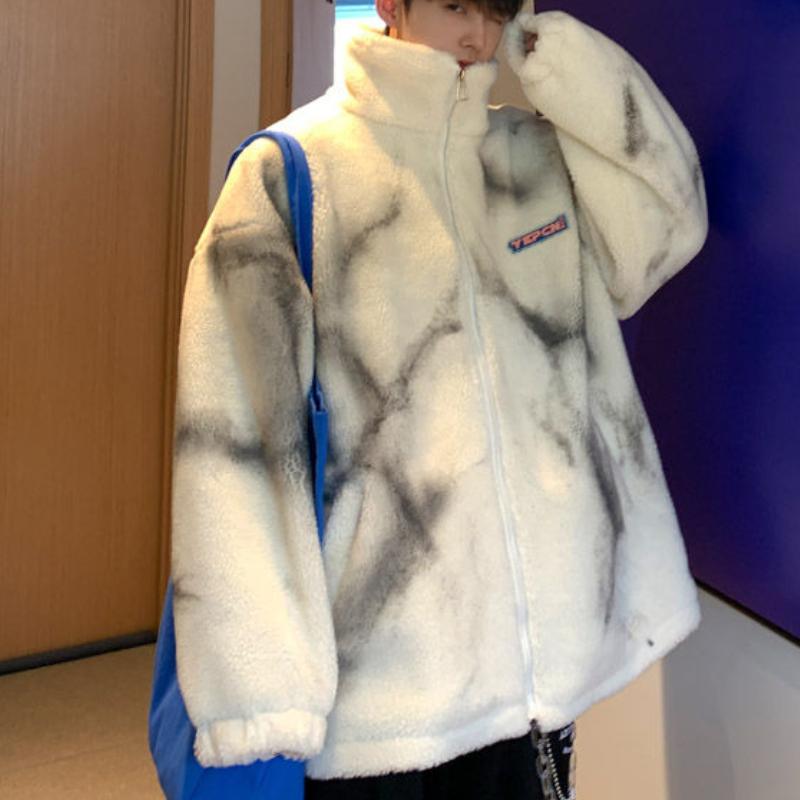 Men Tie-dye Parkas Zipper Thicken Winter Oversize Outwear Coats BF Couple Stand Collar Warm Jackets