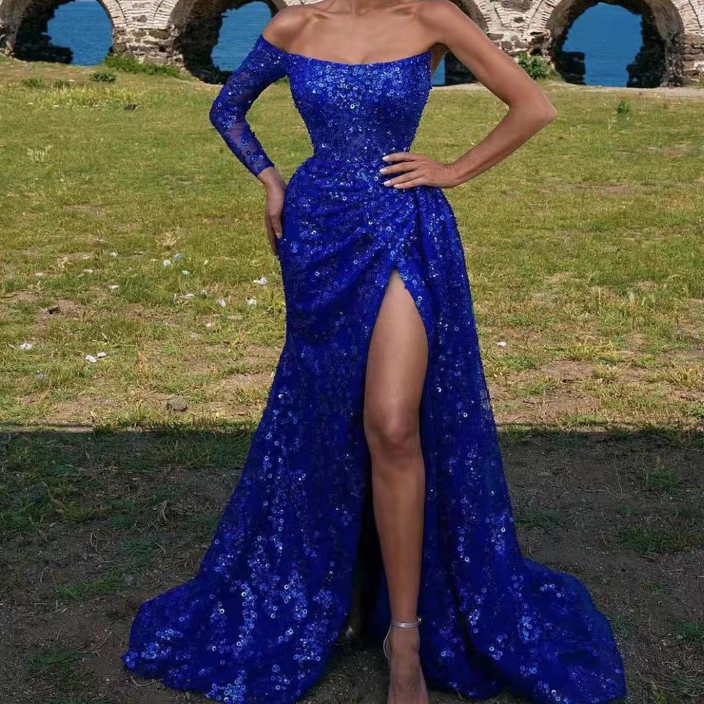 Весна и лето новая европейская и американская женская одежда сексуальный топ-труба с пайетками платье с разрезом и широкой юбкой вечернее платье