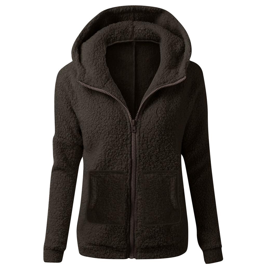 Women's Fashion Solid Colour Sweatshirt Loose Hooded Plush Zip Up Jacket Top
