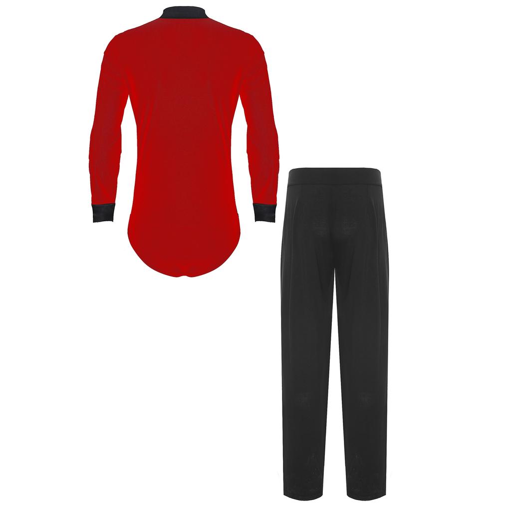 Mens Latin Dance Outfit V Neck Long Sleeve Rhinestone Bodysuit Satiny High Waist Straight Long Pants