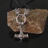 Nordic Viking Leather Braided Necklace with Wolf Head & Hammer Pendant for Men