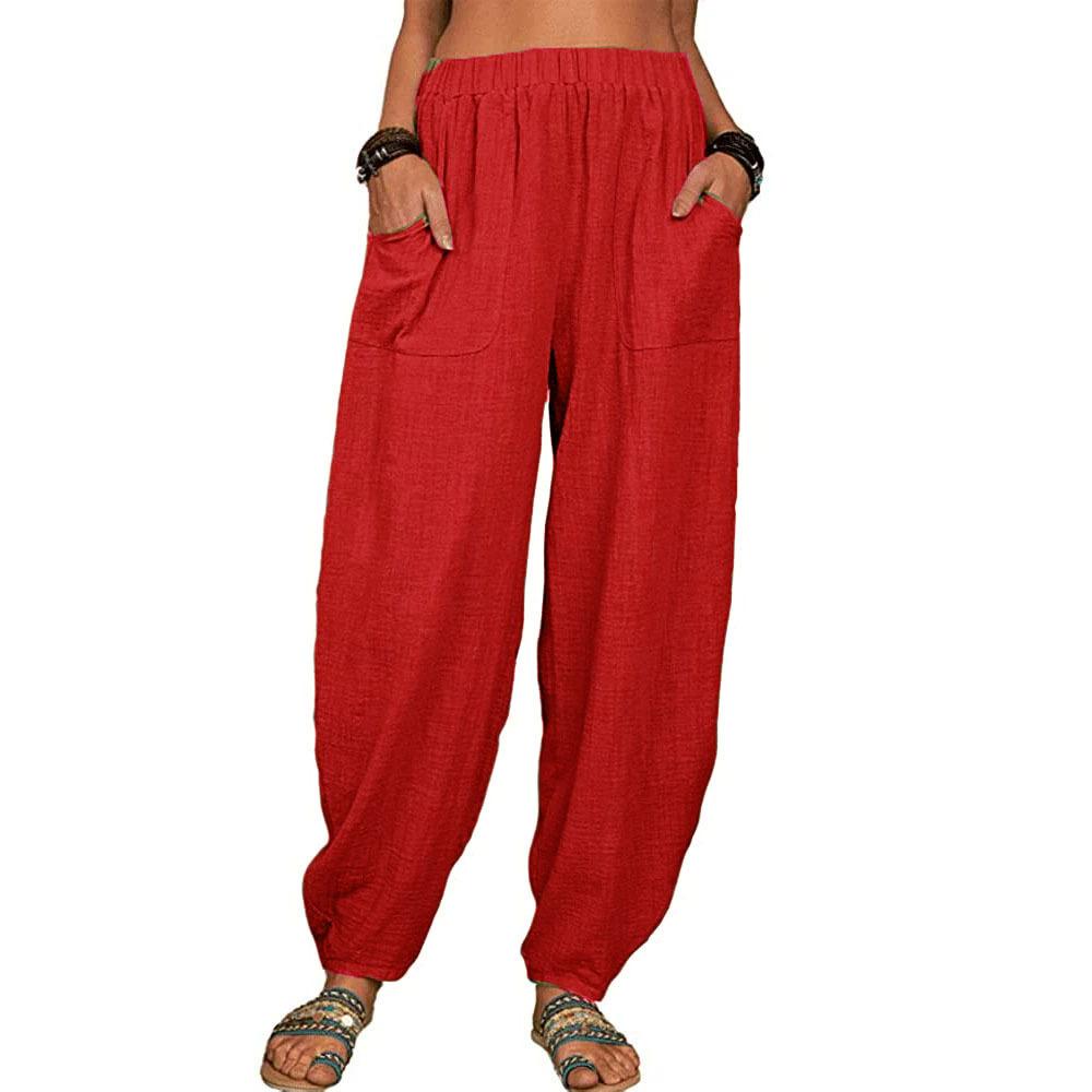 Women's Harem Pants Summer Casual Retro Large Size Cotton and Linen Pants Elastic Waist Wide Leg Pants Home Pants