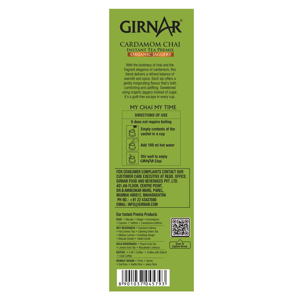 Girnar Instant Cardamom Chai Premix With Organic Jaggery Green Tea 10Sachets Easy Hot Beverage 10 Count Travel Friendly