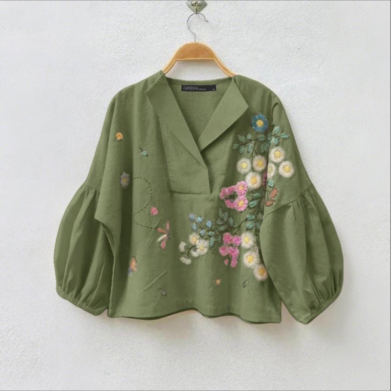 ZANZEA Женская повседневная блузка с V-образным вырезом, свободного кроя, с длинным рукавом, с цветочным принтом