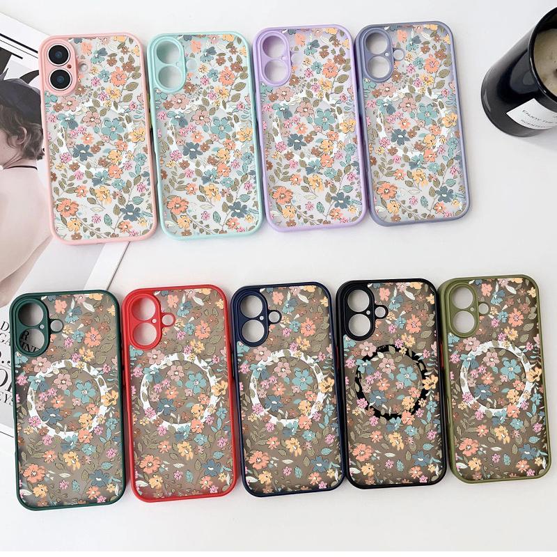 Магнитный чехол с узором из оранжевого цветка для iPhone 16 Pro 15 14 Plus 13 12 Pro Max 11, ударопрочный, прозрачный, с мягкими краями, акриловый, жесткий, защитный чехол для линз