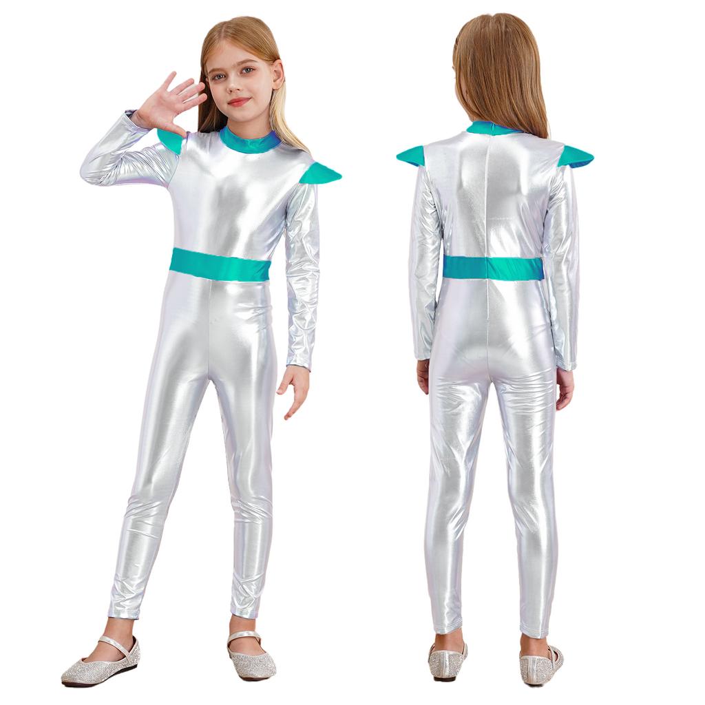 Girls Alien Cosplay Costume Space Astronaut Robot Jumpsuit Long Sleeve Shiny Metallic Bodysuit For Halloween Christmas Dress Up