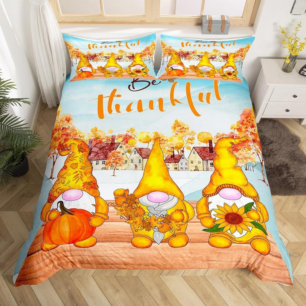 Happy Thanksgiving Duvet Cover Fall Maple Leaf Bedding Set Microfiber Gnome Gold Pumpkin Farm Harvest Comforter Cover Twin King
