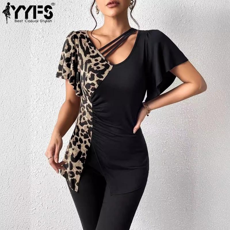 YYFS Женские модные повседневные летние весенние блузки и рубашки с v-образным вырезом и короткими рукавами с леопардовым принтом