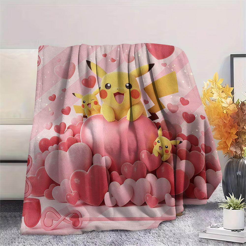 1Pc Love Pokemon Print Flannel Blanket, High quality Comfortable for All Seasons, Home Decor, Warmth and Comfort, Perfect for Christmas Gifts