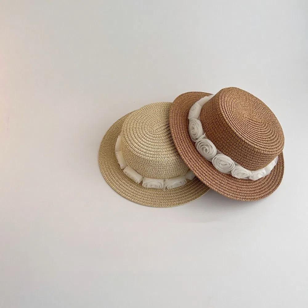 Summer Baby Straw Caps French Children Sun Hat Trendy Flower Lace Straw Hat for Kids
