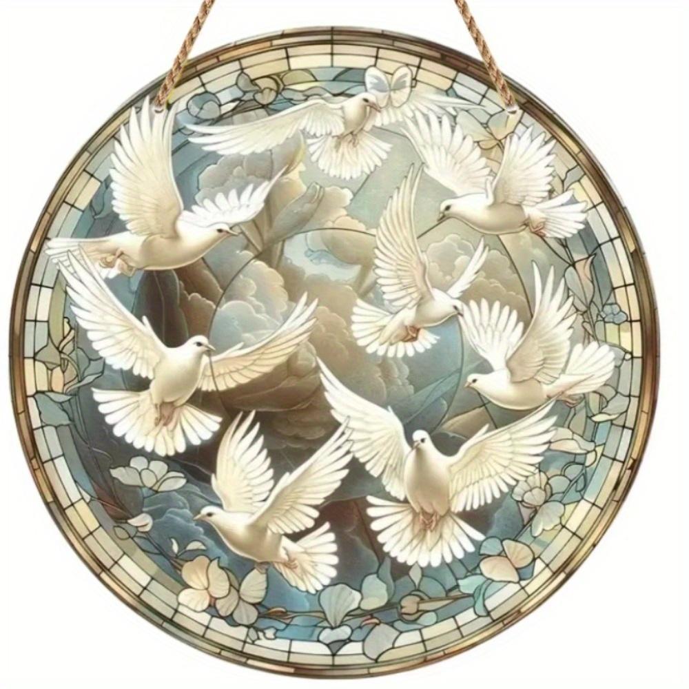 1pc 2d Flat Round Wooden Flat Sign - 20cm, Dove of Peace Theme, Suitable for Home, Office, Garage, Coffee Shop, Bar, Holiday Party Decoration, Gift