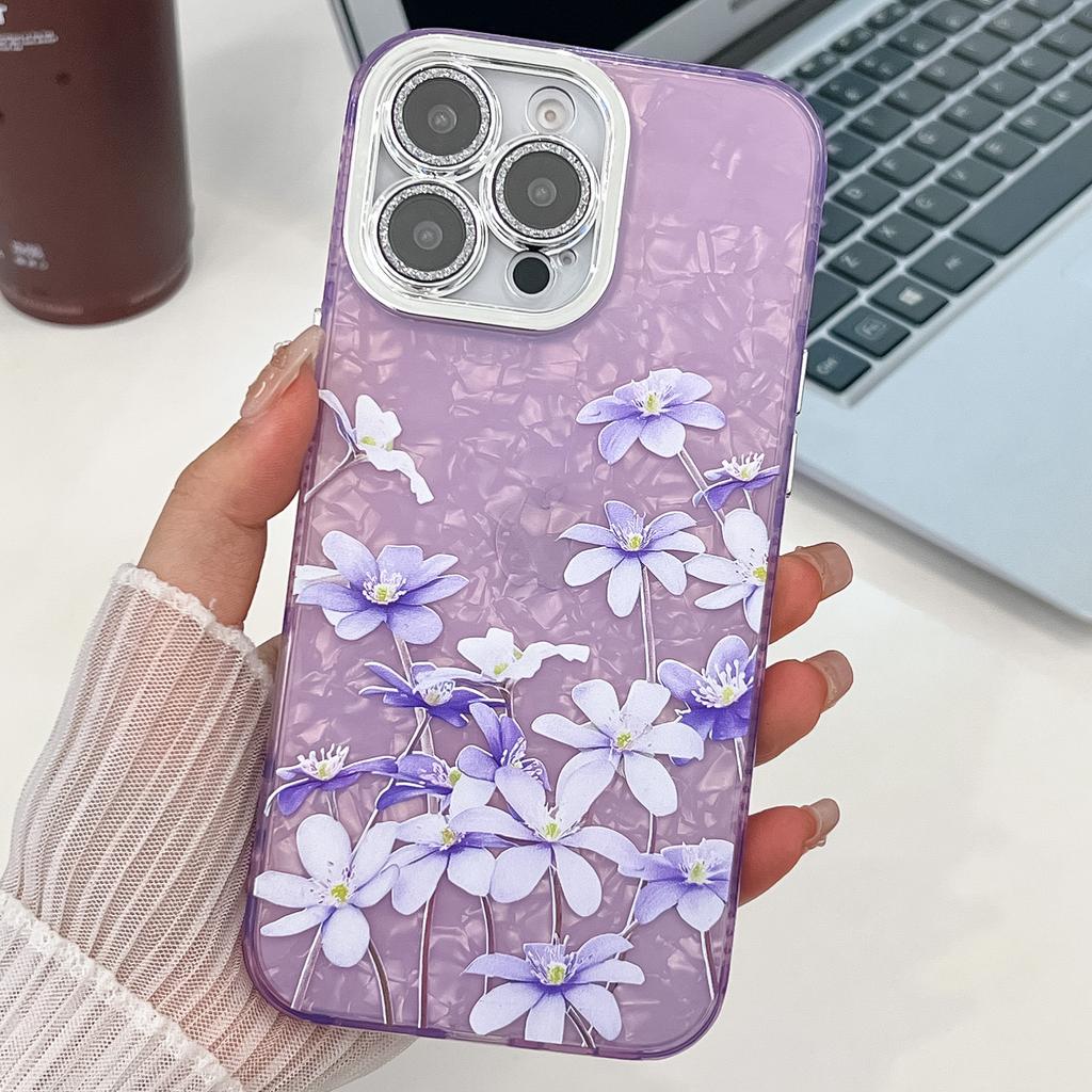For Apple 16E Flower Phone Case for IPhone 15 Promax with Bracelet Sparkling Pink Lens Film Hard Case