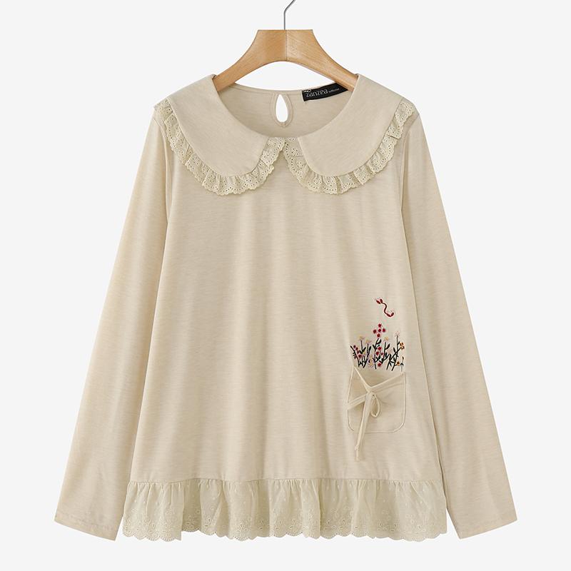 ZANZEA Женские осенние кружевные лацканы с длинным рукавом и принтом футболки