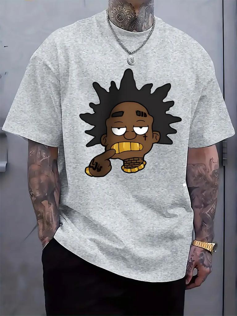 Casual Short Sleeve T-shirt with Cartoon Character Print - Light Grey Regular Fit Round Neck Summer Tee