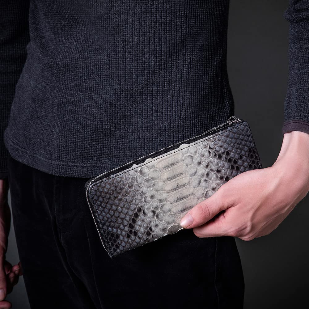Artemis Classic L-Shaped Slim Gray Python Long Wallet (ZW0008) - Men's Long Wallet with Zipper, Snake Pattern, and Genuine Leather