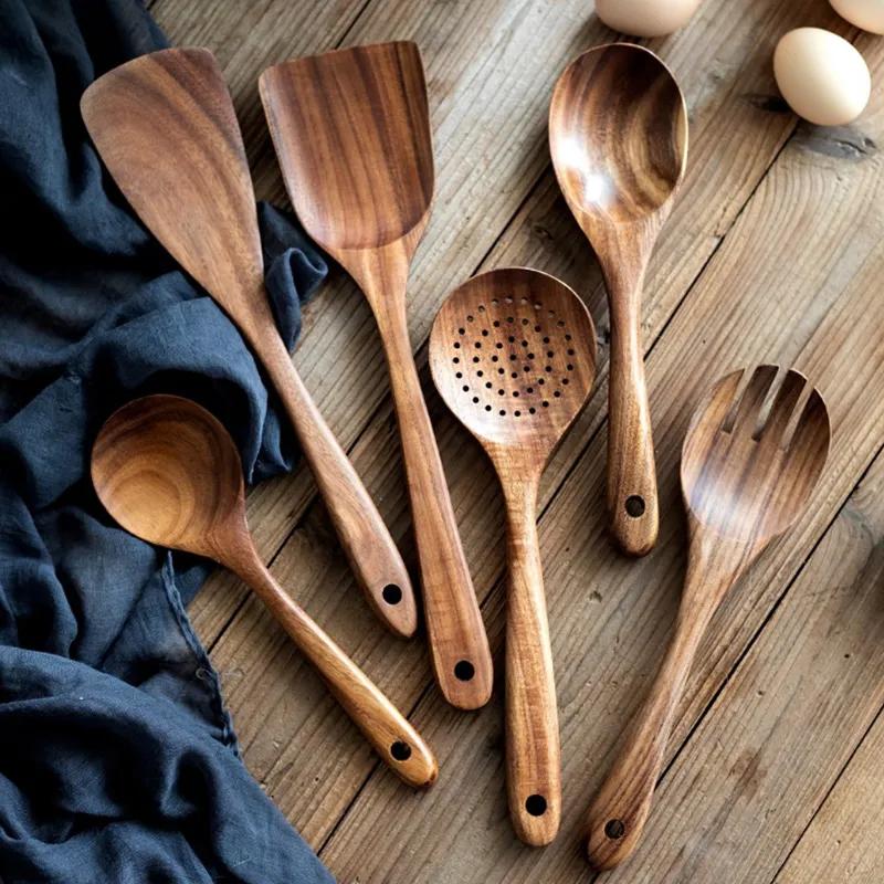 Multi Functional 5-Piece Kitchenware Set Kitchen Tools Wooden Bucket Storage Cooking Shovel Spoon Stirring Spoon Acacia Wood Teak Soup Spoon Reusable