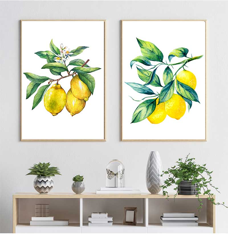 Bonsai Canvas Painting Art Blue White Willow Style Lemon Poster Kitchen Decor Lemon Print Planter office decoration