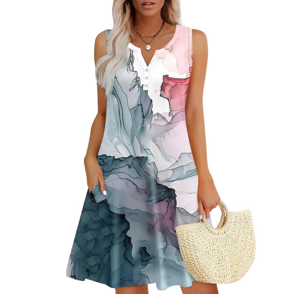 Женские летние платья Свободные сарафаны без рукавов с V-образным вырезом Платье с карманами