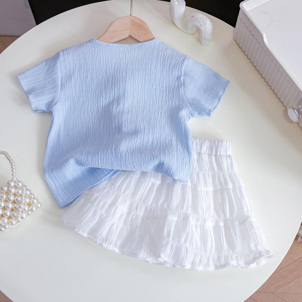Комплект для девочек, летний новый детский топ с короткими рукавами, летняя полуюбка, комплект из двух предметов