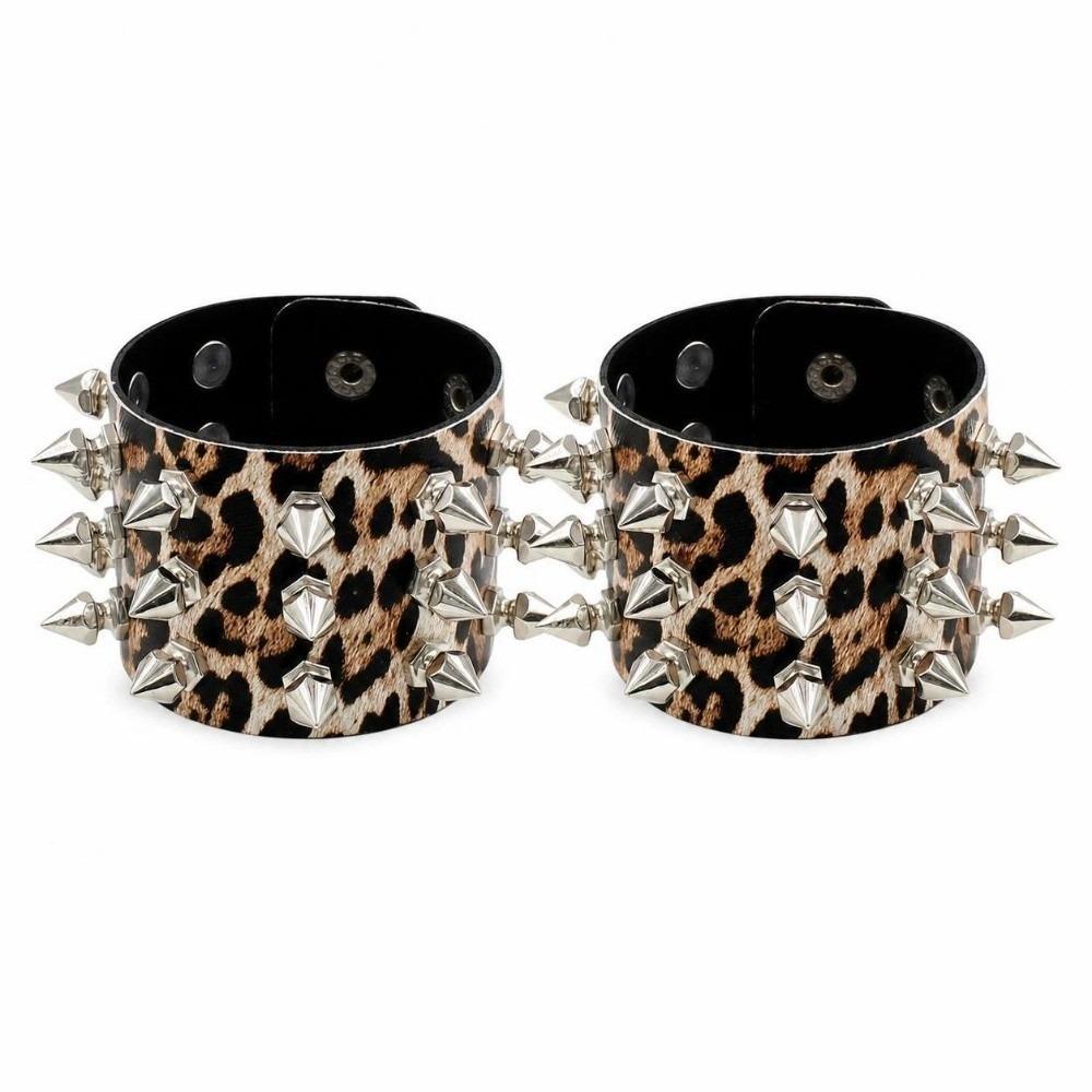 2pcs/set Adjustable Punk Goth Bracelet Wide PU Leather Bangle Leopard Wristband Harajuku