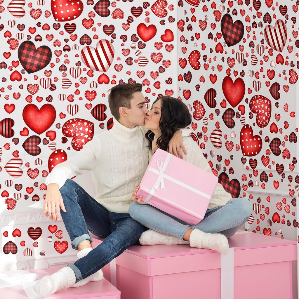 6 Sheets/ 214 Pcs Valentine's Day Wall Decals Removable Love Heart Wall Stickers Red Heart Window Stickers Wedding Anniversary Romantic Love