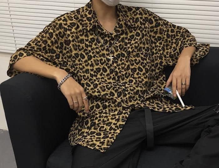 Aspersio Leopard Print Collared Short Sleeve Stylish American Casual Style with Chest Aloha Open Front Animal Casual Open Print Shirt, Men's