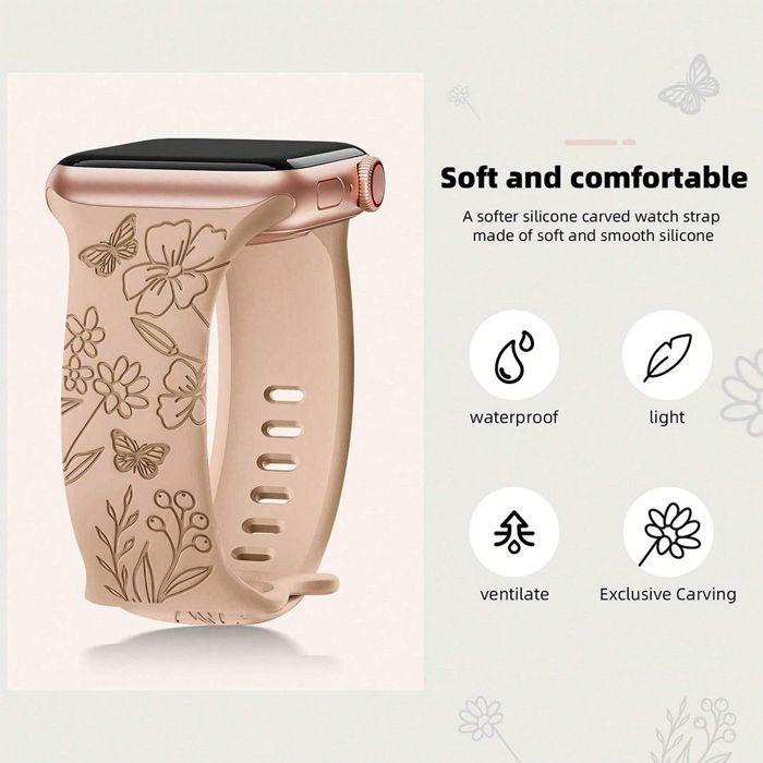 Lot-2 Bracelet pour Apple Watch 38mm-40mm-41mm Series 9 8 SE 7 6 5 4 3 2 1 / Serie 10 (42mm) Silicone Motif Papillon Nude et Rose