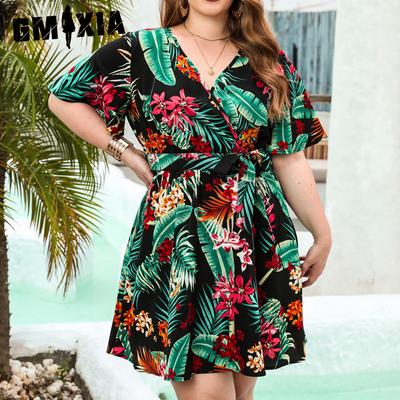Женская мода лето весна с цветочным принтом и принтом с коротким рукавом и v-образным вырезом с высокой талией повседневные платья