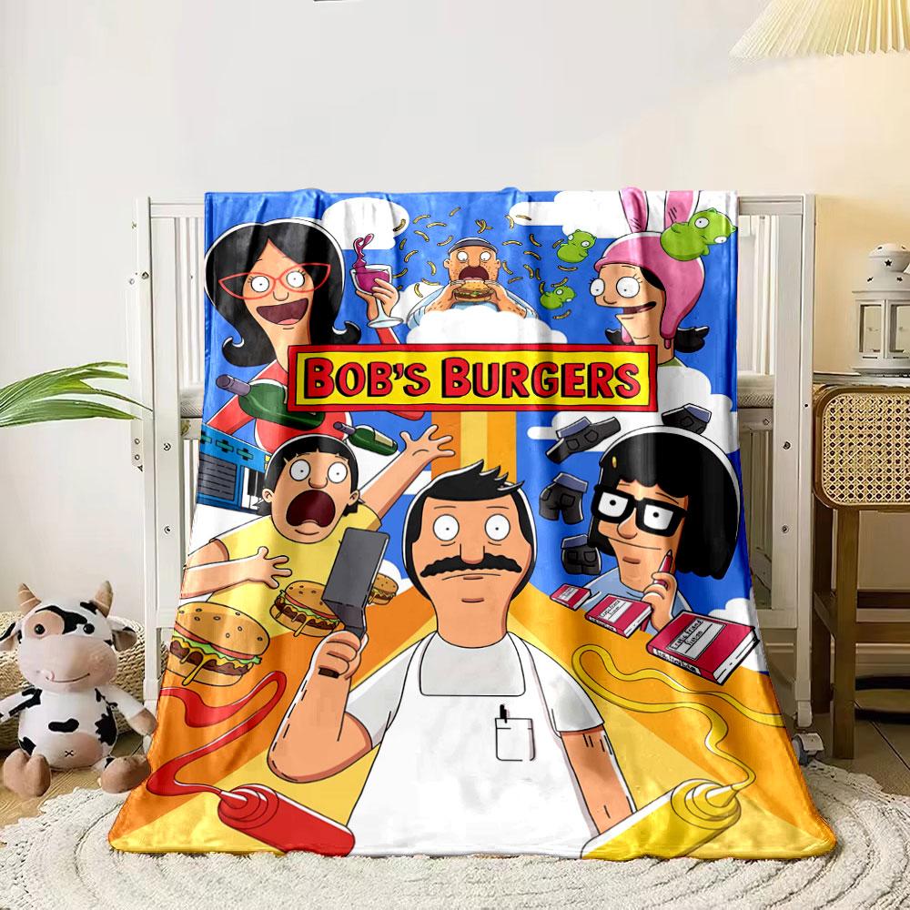 Cartoon characters surrounding a "Bob's Burgers" sign with food and items. for all seasons blanket lunch break throw gift