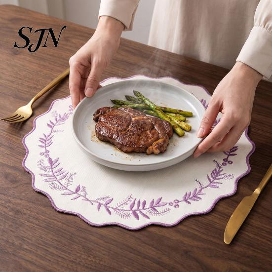 Large Round Placemats for Banquet Embroidered Placemat, 15 Inch Scalloped Leaf Bow Embroidery Retro Style Edge Table Pads Washable Fabric Heat