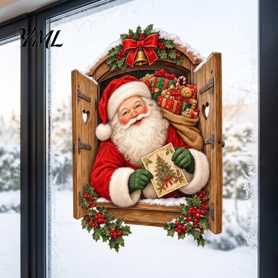 Decorative Window Film 3D Santa Claus Christmas Wall Sticker, Vintage Through Wooden Decal, Indoor Outdoor Holiday Decor Removable Peel And