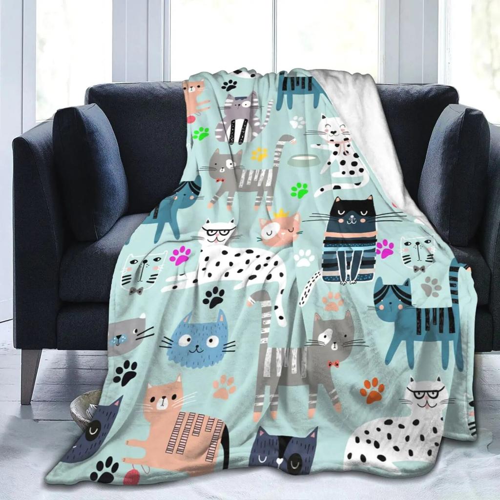 Cute Cat Kawaii Animal Design Flannel Throw Blanket Lightweight Warm Cozy Gifts for Kid and Adults Gift Suitable Couch Bed Chair
