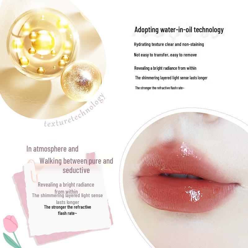 NOVO5821 Водяной Кристальный Переливающийся Блеск для Губ: Увлажняющая, шелковистая, легко наносимая формула улучшает цвет лица и осветляет