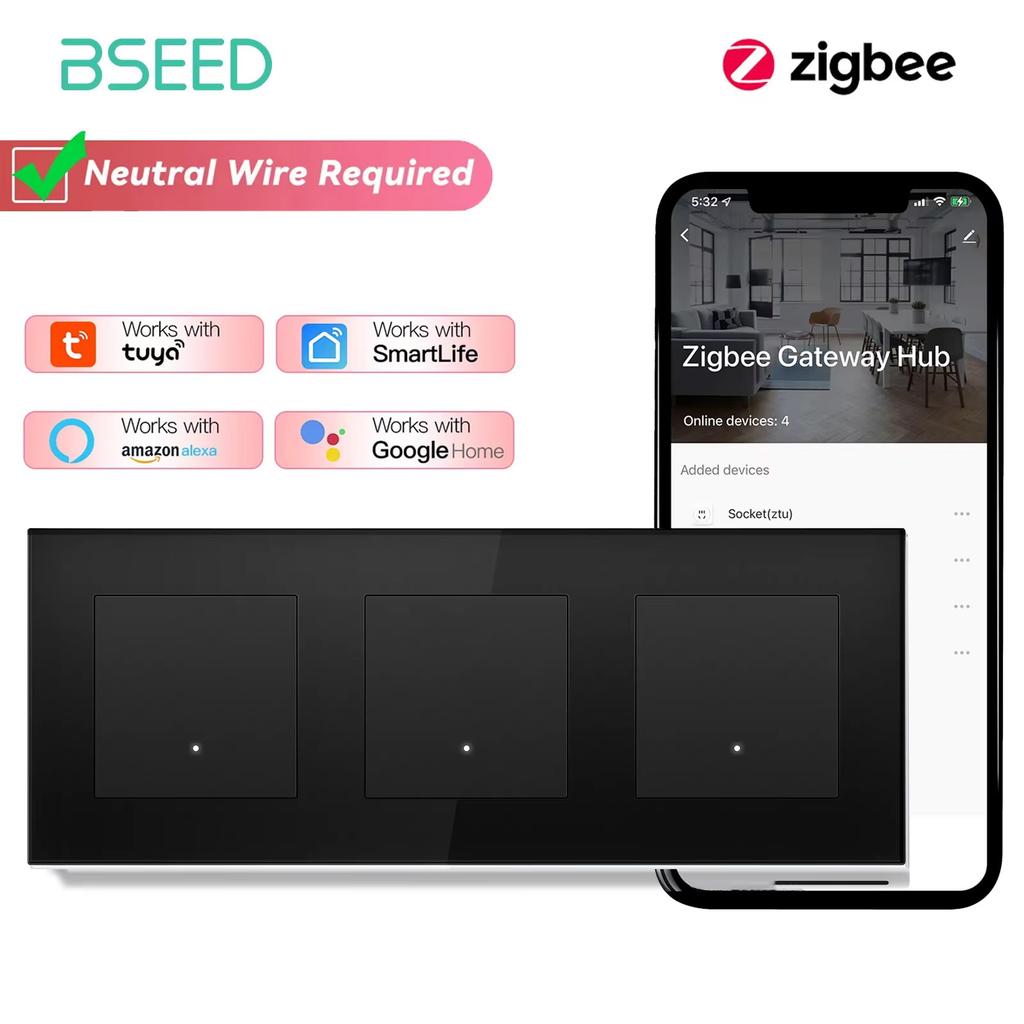 BSEED Zigbee 1/2/3-клавишные умные сенсорные выключатели света 1/2/3-позиционные Tuya Smart Life, совместимые с Alexa, плюс европейские розетки, стеклянные панели