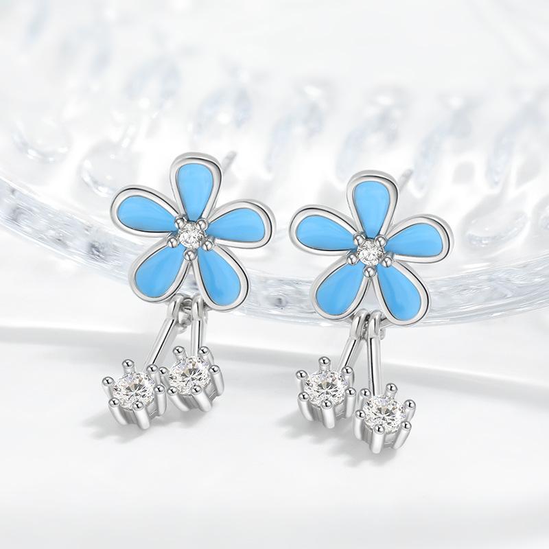 Exquisite Blue Small Flower Tassel Earrings Anti-allergic High-end Design Feel Cold and Cool Little Daisy Earrings