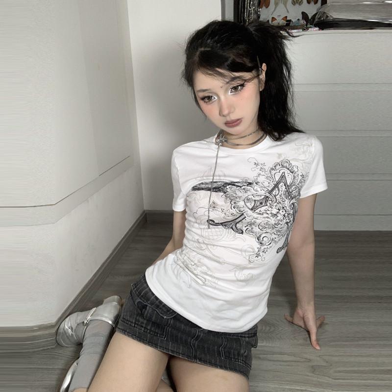 Retro Graphic Crop Top White Short Sleeve O Neck Casual T Shirt for Women