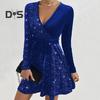 Fall Spring Women Dress V Neck Lace-up Tight Waist Sequin Decor A-line Big Hem Long Sleeves Prom Party Mini Dress