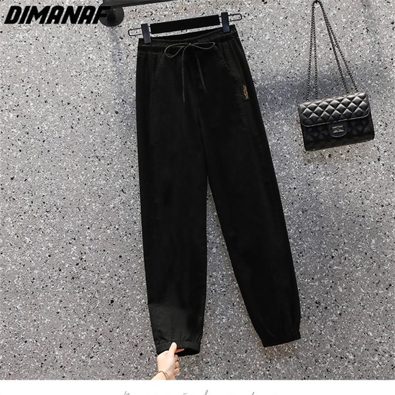 DIMANAF 2025 Большие размеры Длинные брюки Женские Эластичные Свободные С высокой талией Винтажные Однотонные Свободные Повседневные Женские Базовые брюки Зеленый Черный