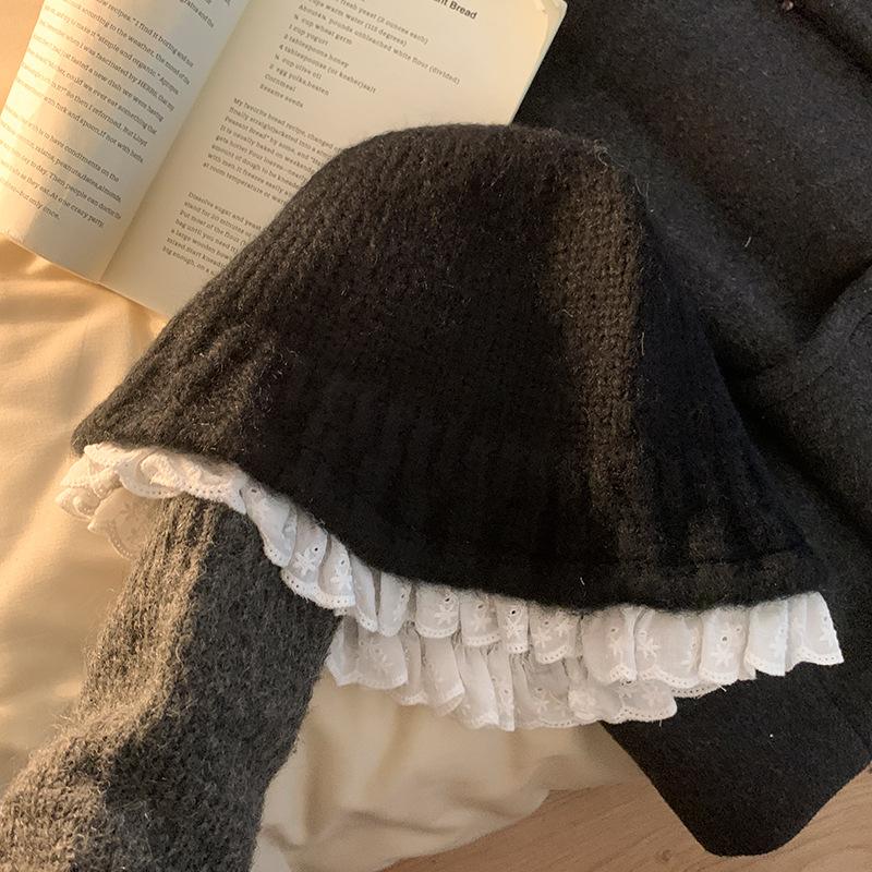 Lace lace knitted bucket hat women's season sweet versatile wool hat warm face small hat tide