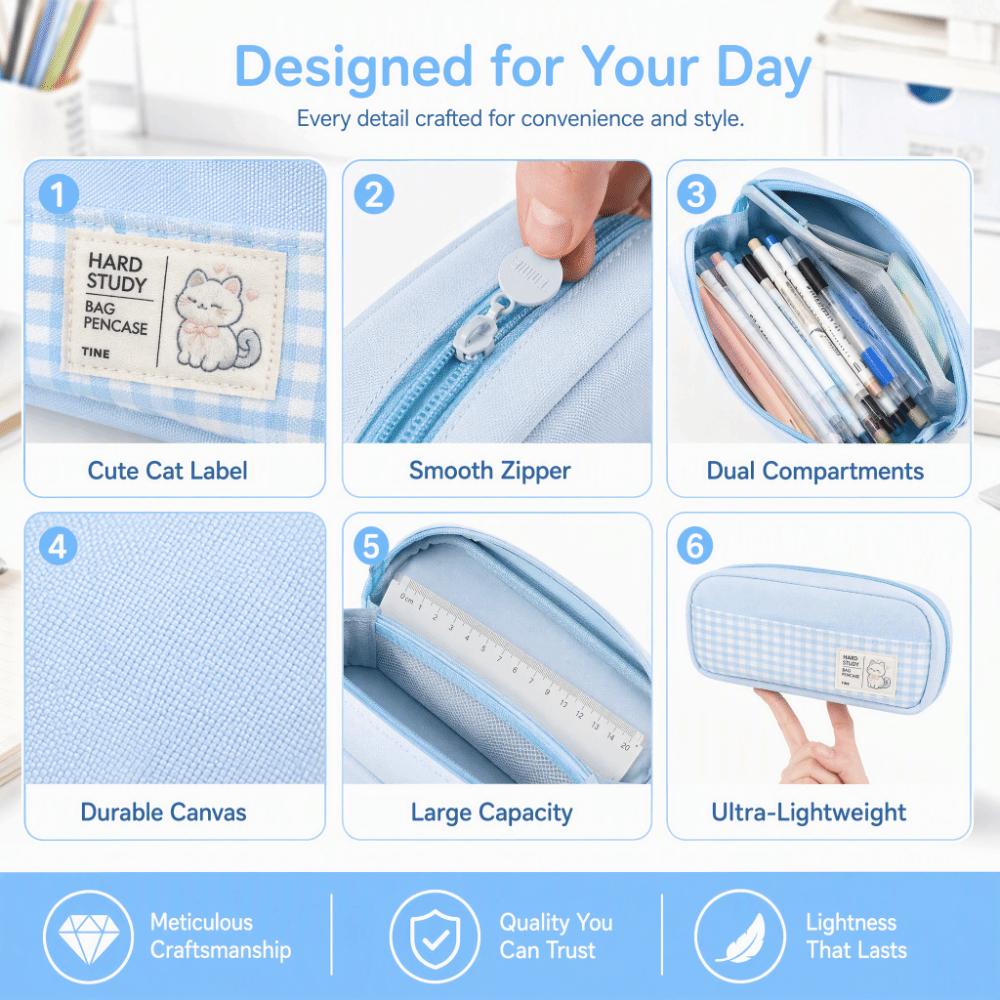 Pastel Color Pen Bag Gingham Check Pencil Pouch Portable Stationery Storage Bag Back To School