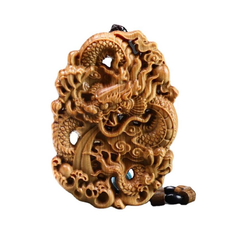 1pc Cliff Cypress Wood Double Sided Carved Dragon Tag Pendant Car Mounted Pendant Feng Shui Accessories Woodcarving Handicrafts