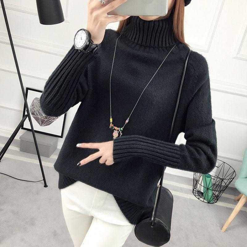 Осенне-зимний женский свитер, рубашка с длинным рукавом, свободный свежий пуловер с высоким воротом, вязаный свитер