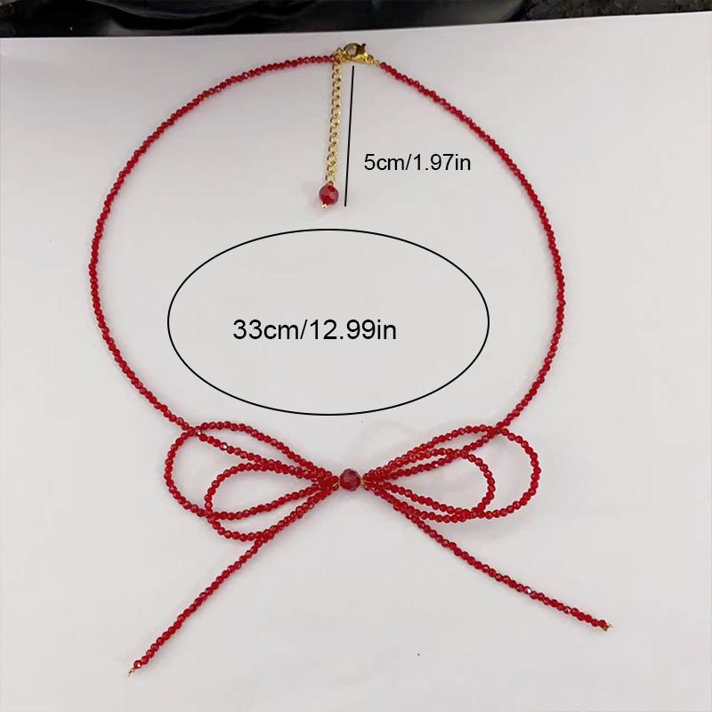 Female Red Beads Ins Style Necklace Accessories High Class Red Bow White Necklace Choker Clavicle Chain