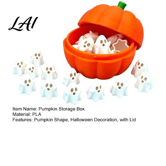 Pumpkin Storage Box Halloween with 20 Mini Ghosts for Candy & 3D Printed Treat Container Lid Trick or Treat Holiday Party Spooky Ghost Decorations
