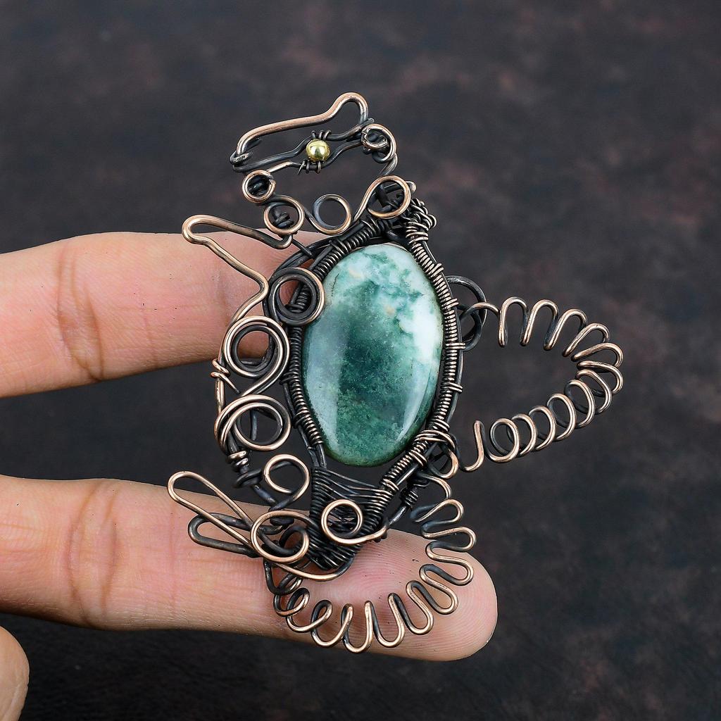 Tree Agate Gemstone Pendant Copper Wire Wrapped Jewelry Rabbit Pendant Handmade Copper Pendant Decent Jewelry Wedding Gift Wire Wrap Pendant