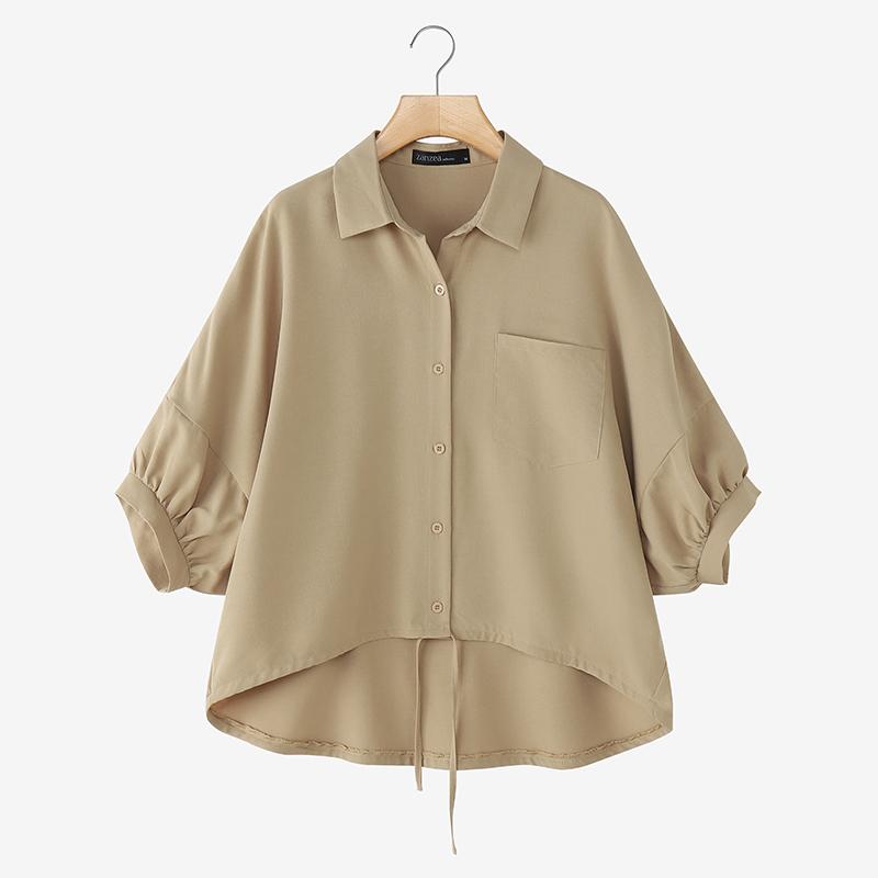 ZANZEA Women Summer Turn Down Collar Loose Asymmetrical Half Sleeve Blouse