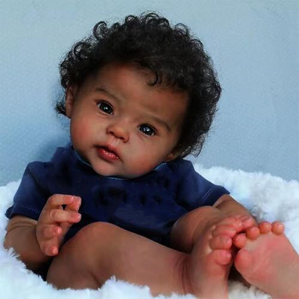 50cm Reborn Baby Doll Raven Black Skin Hand Rooted Curly Hair Doll Toy Soft Cloth Body Dolls Toys