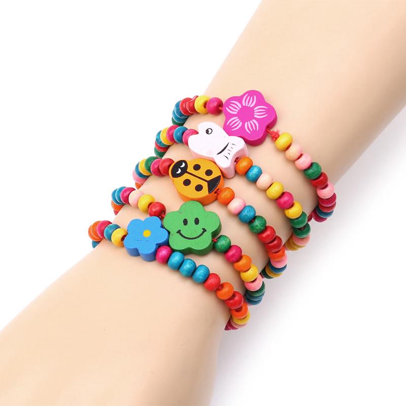 5Pc Lovely Kids Children Wood Elastic Bead Bracelets Birthday Party Jewelry Gift