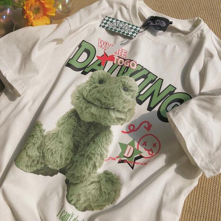 Women T-shirt Green Plush Frog Print Summer Men's Women's Short-sleeved Oversized T-shirts Harajuku Gothic Y2k T Shirt